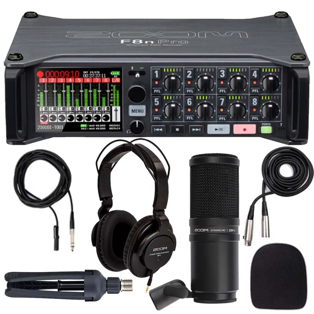 Zoom F8n Pro Multitrack Field Recorder Filmmaking Bundle with Zoom ZDM-1 Mic Accessory, Headphones, Tripod, Windscreen, Cable, LCD Screen, Bluetooth, Neutrik Inputs, ¼” Jack, 24-bit/192khz Recording Capability Adapter Adjustable
