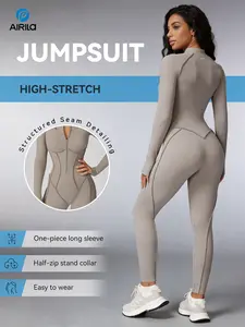 AIRILA Women's Long Sleeve Yoga Onesie, Stand Collar Half-Zip Jumpsuit with Contour Seams, Buttery Soft Brushed Fabric, Tummy Control & Slimming Activewear for Gym & Pilates