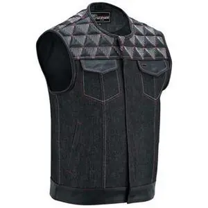 Men's Denim & Leather Motorcycle Vest with Deep Inside Pockets, SOA Biker Club Vest Red & White Stitching