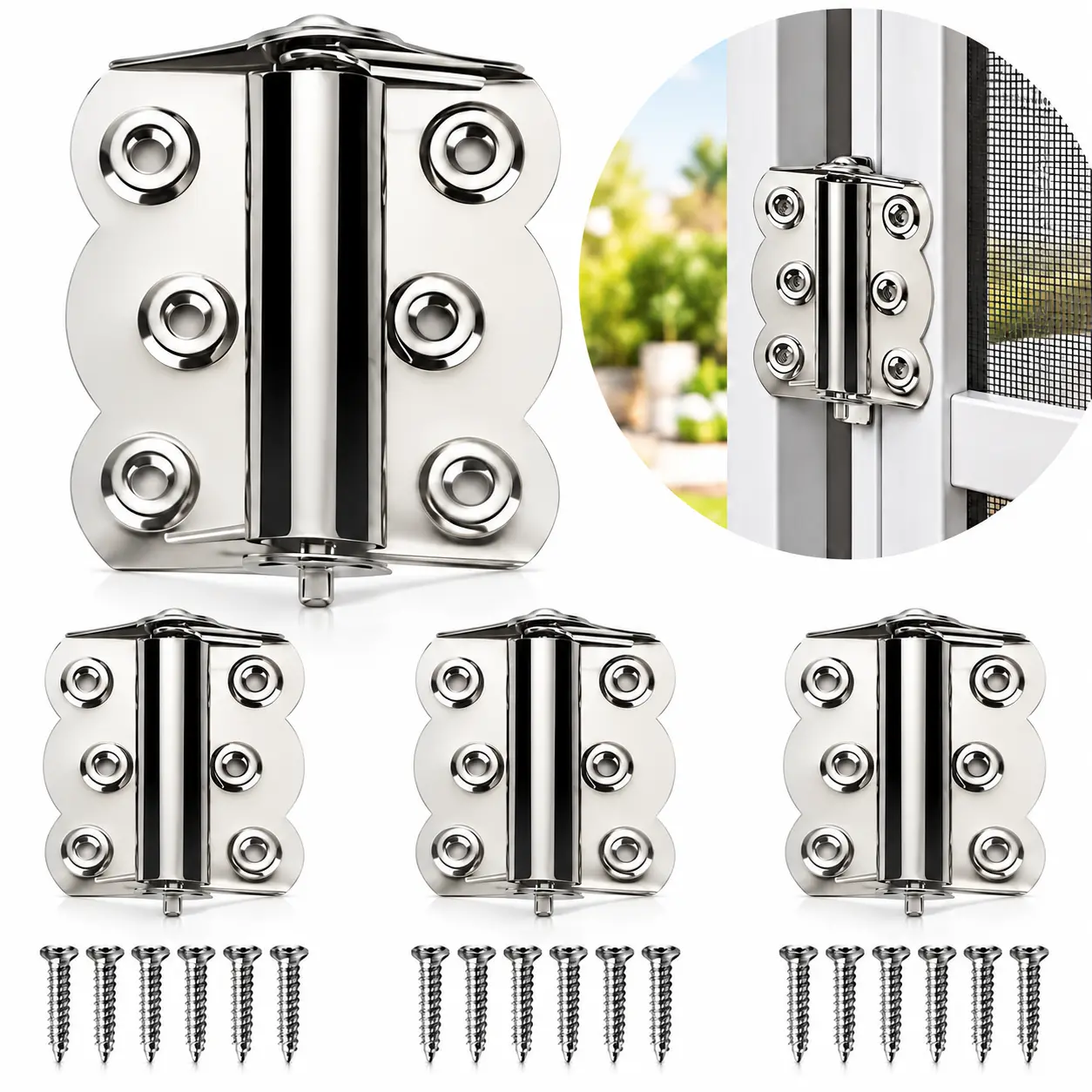 4-Pcs Stainless Steel Spring-Loaded Self-Closing Hinges (2.4x3 In) for Home & Commercial Screen Door Hardware