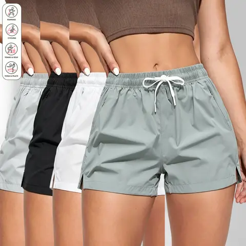 Women's Colored Elastic Quick-Dry Casual Sports Shorts 4-Pack - Dual Side Built-in Pockets, Zipper, Biking, Hiking, Activewear, Athleisure, Dry Fit Women's Sports Shorts, Activewear Women's Sports Shorts
