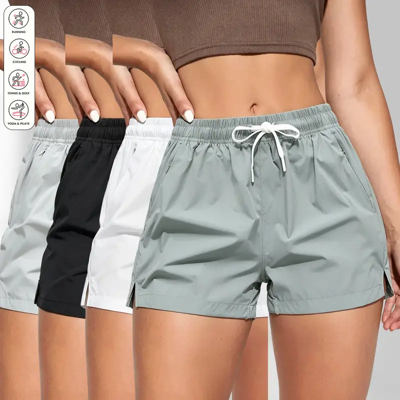 Women's Colored Elastic Quick-Dry Casual Sports Shorts 4-Pack - Dual Side Built-in Pockets, Zipper, Biking, Hiking, Activewear, Athleisure, Dry Fit Women's Sports Shorts, Activewear Women's Sports Shorts