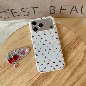 Cherry Pattern Cute Phone Case for iPhone 13 14 15 16 17 Pro Max Korean INS Trend New Protective Cover with Heart Charm
