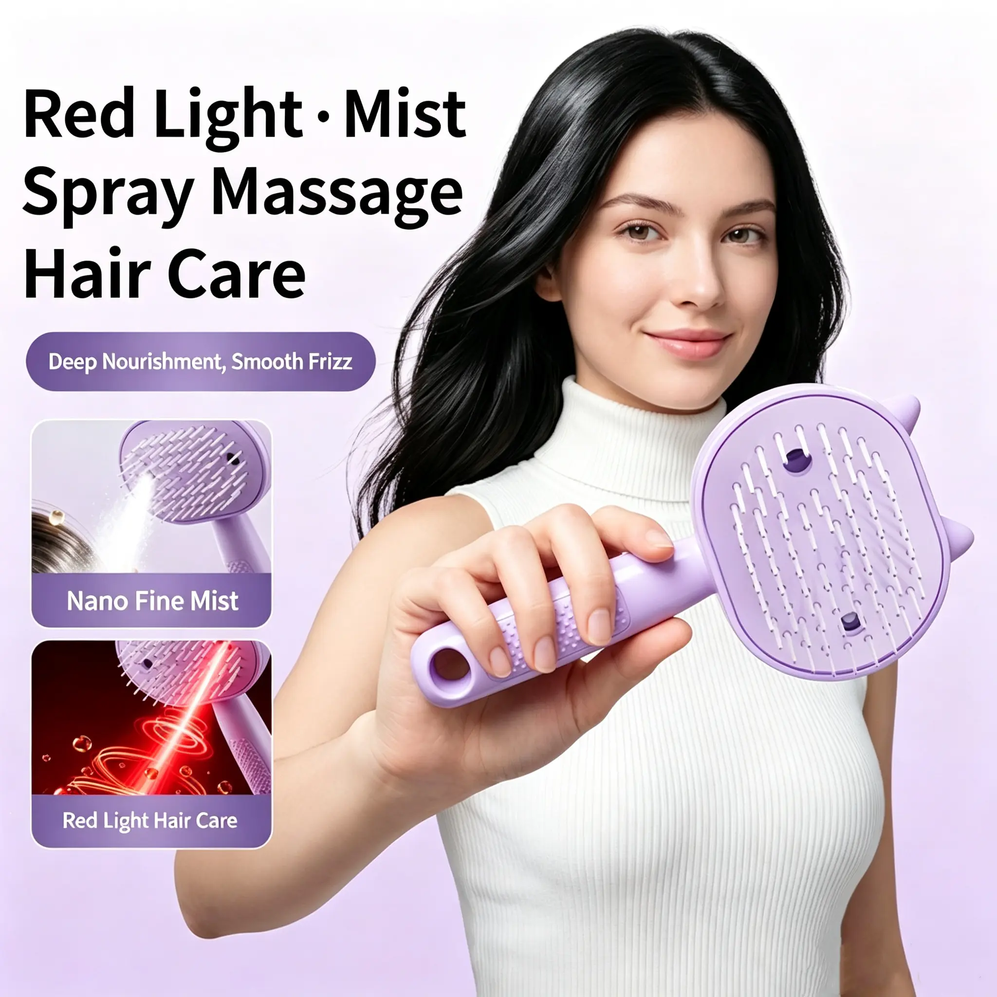 Multi-Function Red Light Spray Massage Comb Hair Care Anti-Frizz Large Tank Electric Spray Hair Brush Portable Anti-Static for Daily Travel Use Beige