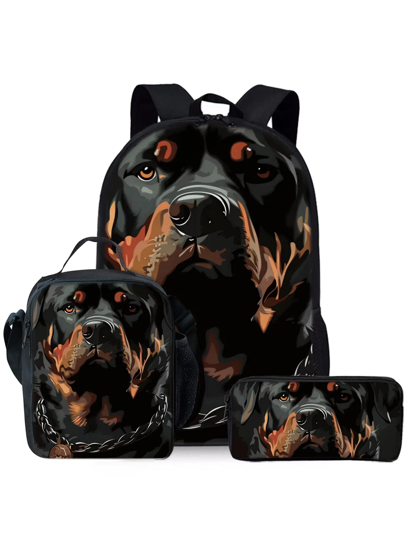 Lovely Rottweiler dog print backpack three-piece set, including lunch bag, pencil case, and backpack