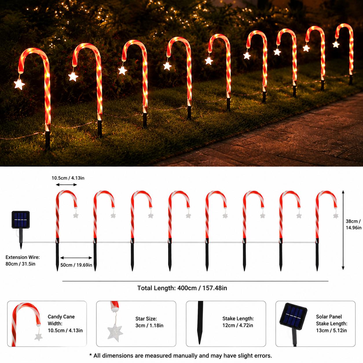 Solar-Powered LED Christmas Candy Cane Lights (8/12 Count) - 8 Modes, Battery-Powered, No Plug Needed, Ideal for Yards, Lawns, Walkways, Festive Winter Holiday Decorative Lights