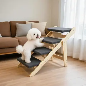 Wooden Dog Stairs 2-in-1 Floded Flat Design Dog Steps for Beds Cars Couch, Anti-Slip Pet Ramp with 3/4 Steps, Indoor Pet Stairs for Small Medium Large Pet, up to 150 lbs
