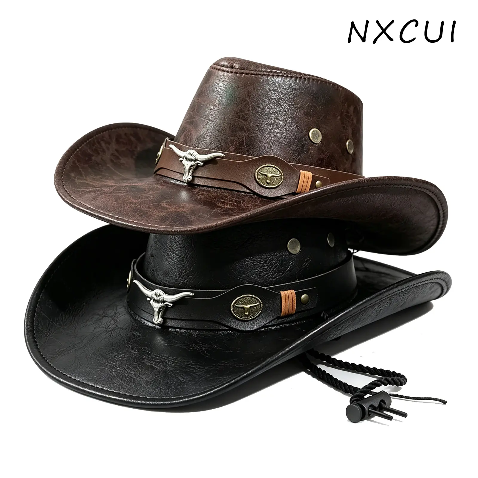 Vintage Wide Brim Decorative Hat, PU Faux Leather Cowboy Style Hat, Metal Bull Head Ornament Adjustable Wind Rope, Casual Outdoor Travel Costume Headwear