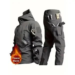 Men's Hooded Softshell Jacket And Pants Set - Fleece-lined, Multi-pocket, Outdoor Hiking And Training Suit For Fall/Winter