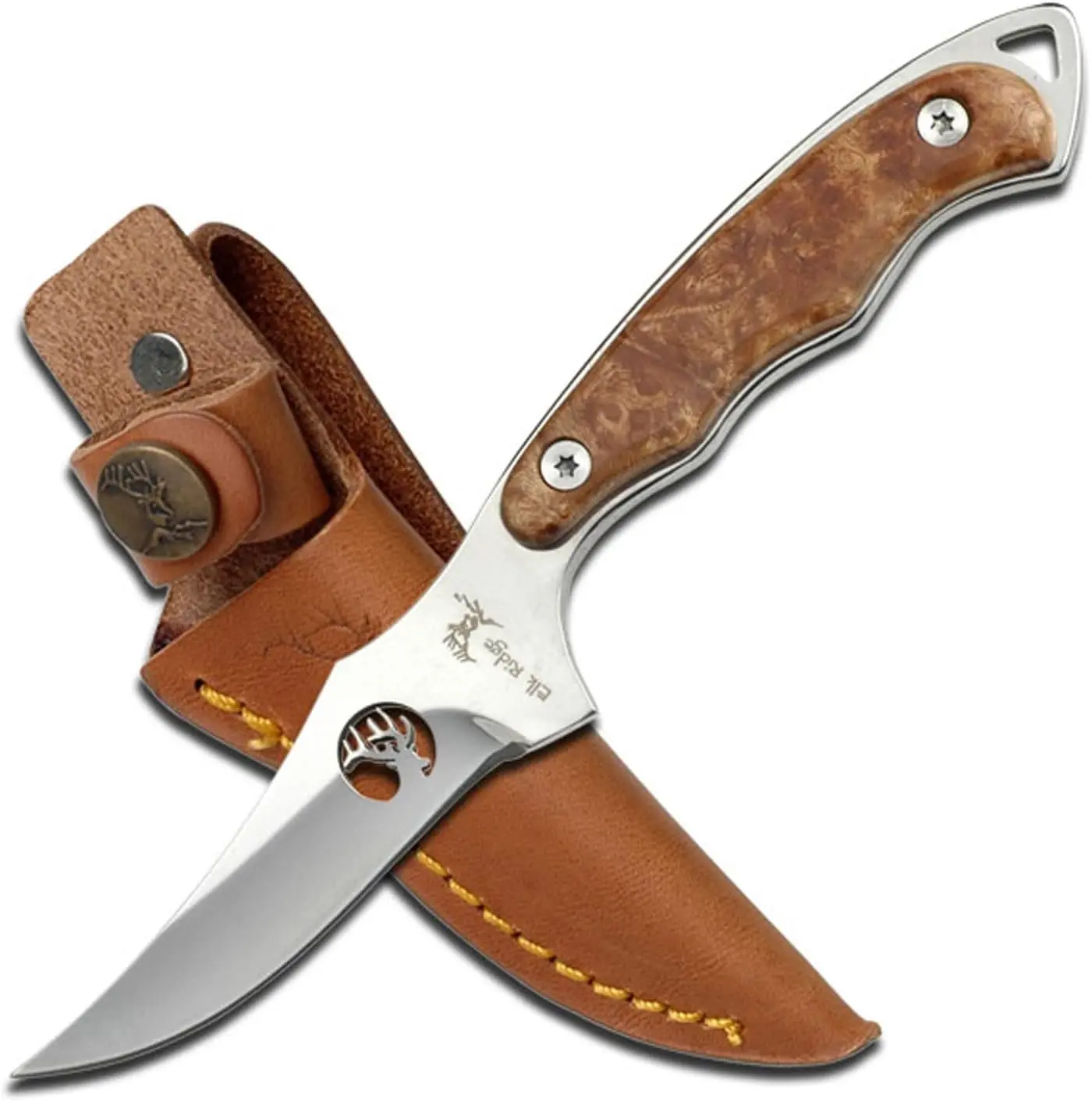 Elk Ridge ER-059 Hunting Knife, 7" Full Tang Fixed Blade with Maple Burl Wood Handle and Leather Sheath, Durable Unisex Tool for Outdoor Survival & Camping, Survival Equipment, Durable Outdoor Tool, Outdoor Camping Knives