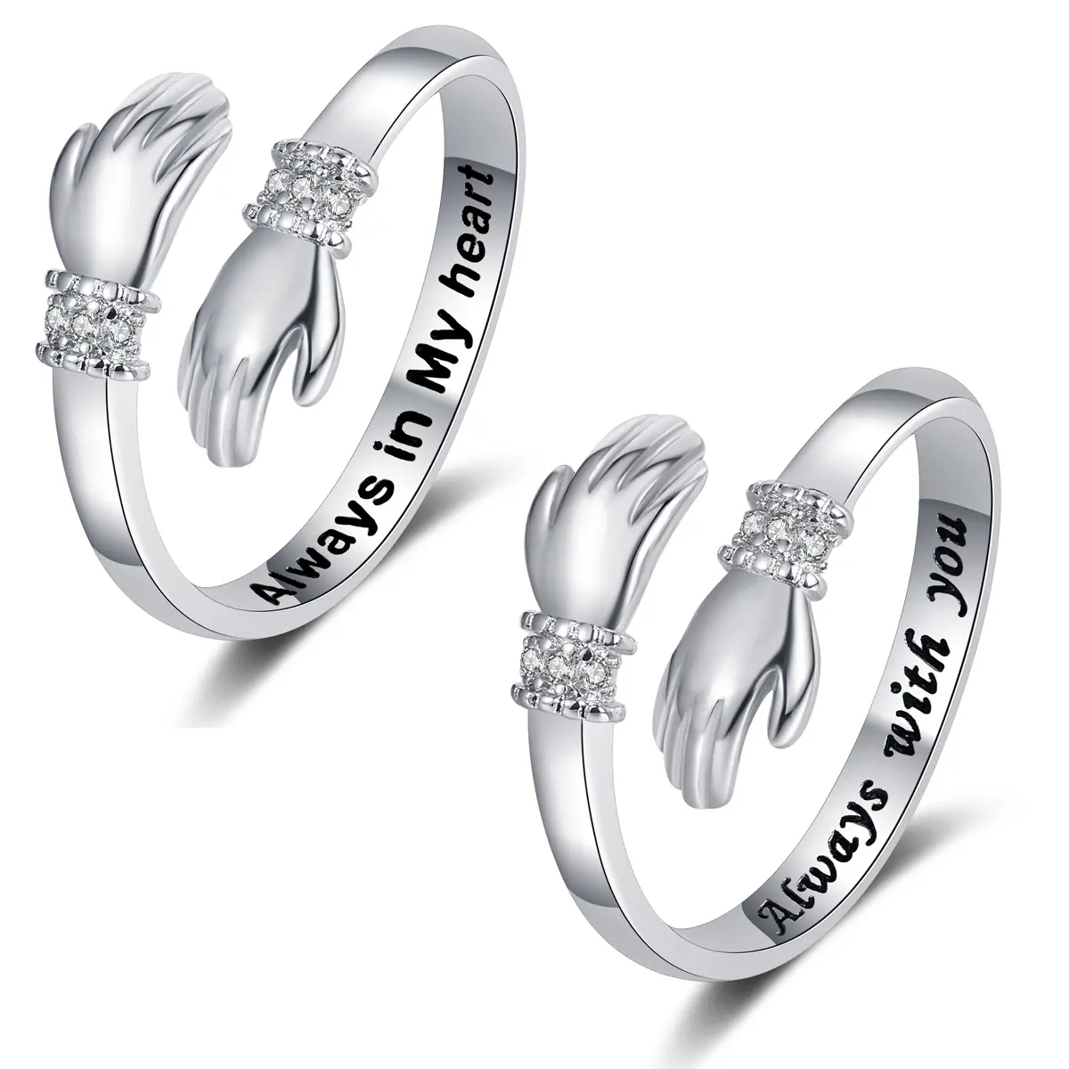 925 Silver Adjustable Hug Ring Set - 2-Piece Grandma and Granddaughter Matching Jewelry with Custom Birthstone, 'Always Keep Me In Your Heart' Engraving, Heartfelt Gift