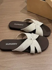 European and American Style Linen Cross Strap Mules, Women's Soft Sole Flat Sandals, Comfortable Casual Footwear for Summer