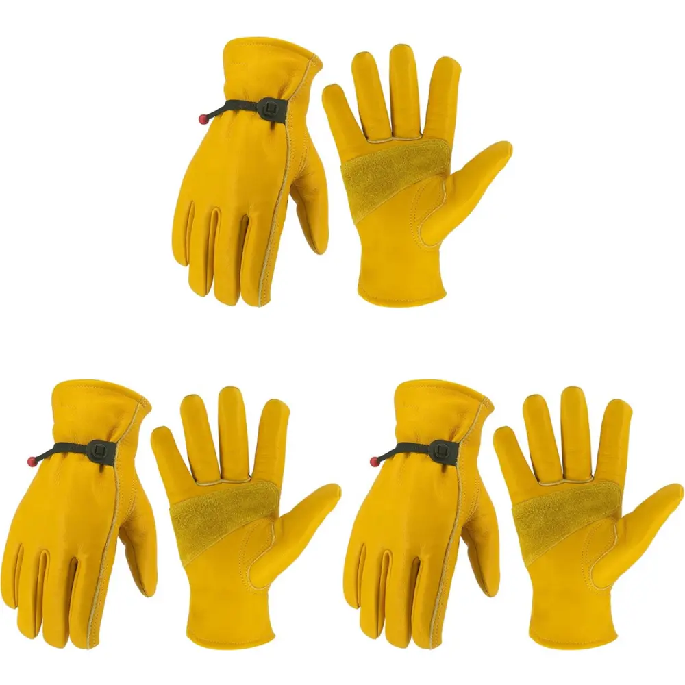 3-Pair Goatskin Leather Work Gloves, Durable Safety Gloves with Reinforced Palm & Adjustable Wrist, Soft Flexible Gloves for Construction, Farming, Gardening, Warehouse, DIY & Outdoor Use