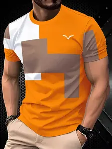 Men's Casual Short Sleeve T-Shirt, Geometric Print Breathable Knit Fabric, Round Neck Street Style, Modern Trendy Clothing, Easy Care