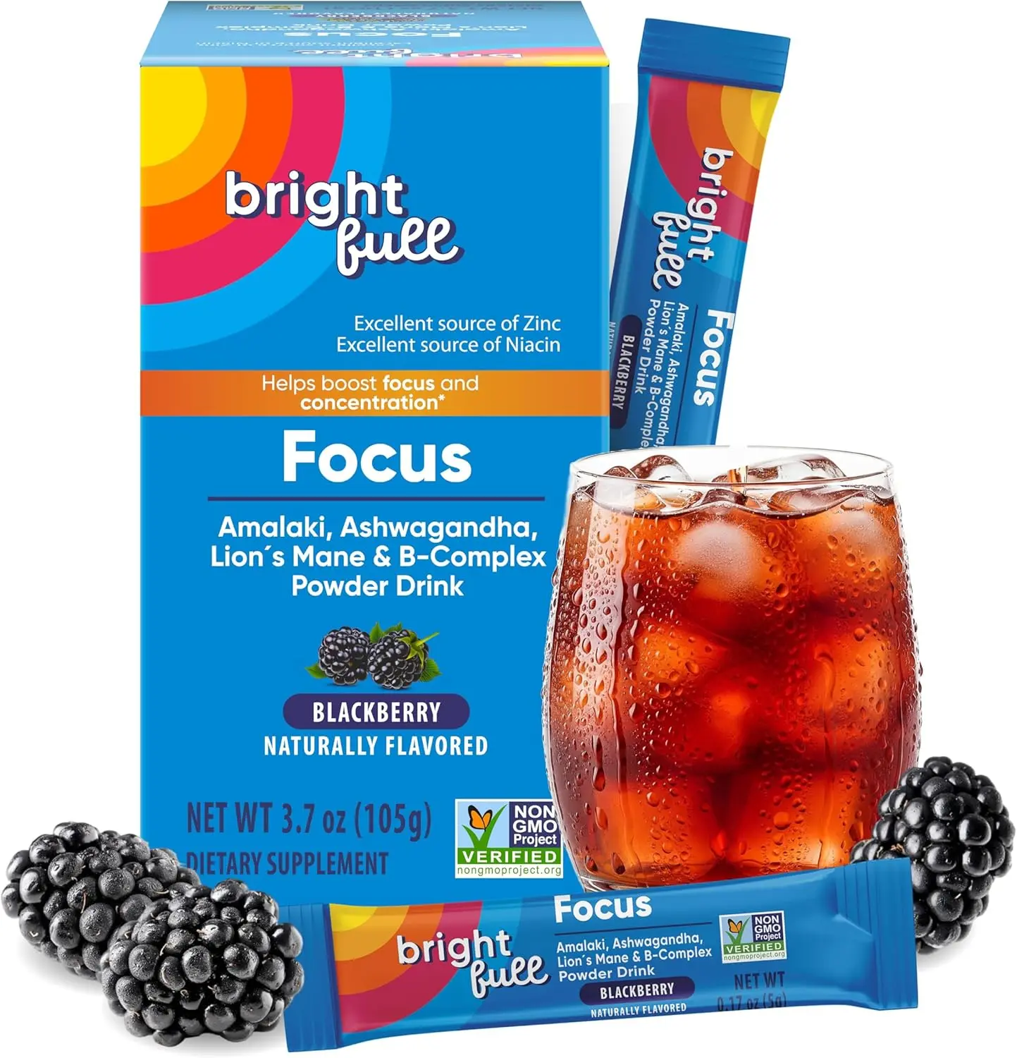 Focus Drink Mix | Ashwagandha, Lion's Mane, B-Complex Vitamins & Zinc | Sugar-Free | Mental Clarity & Clean Energy Without Crash | Non-GMO | BlackBerry Flavor | 21-Day Supply