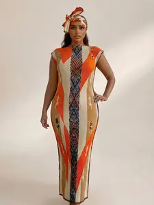 Elegant Boho Style Long Robe Set, Multicolor Shawl Dress + Headscarf Scarf, Women's Beach Sun Protection Satin Silk Wrap, Beach Outdoor Wear, Swimwear Coverups, Swimsuit Cover Up