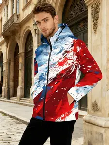 Hardcore function limited, red, white and blue contrasting ink splashing print, men's jacket, trendy function style, with pocket and hooded design, Heavyweight Streetwear