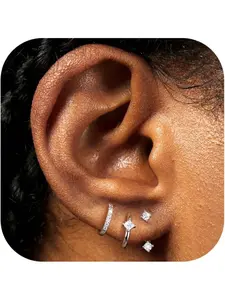 3-4 Pairs 925 Sterling Silver Earrings Set for Women Gold Plated Stud Huggie Earrings Sets for Multiple Piercing Hypoallergenic Small Silver Hoop Earrings Stack for Sensitive Earrings Solitaire Earrings