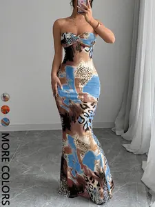 Women's Leopard Print Halter Dress, Sleeveless Ruched Bust Fish Tail Skirt, Long Party Gown, Elegant Animal Print Evening Dress, Chic