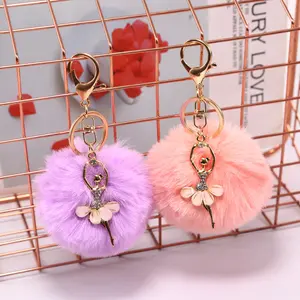 Cute Fur Ball Ornament with Elegant Dancing Girl Charm, Fashionable Keychain Accessory, Fuzzy Keychain, Perfect Gift for Backpacks & Cars