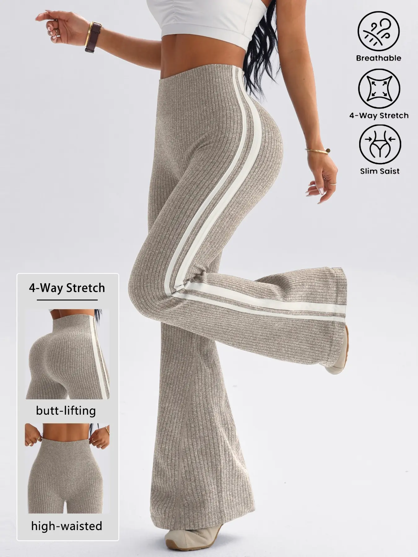 Women's Seamless Knitted Flared Yoga Bottoms Pants, High Waist Activewear Butt Lifting, Sporty Casual Fashion, Athleisure Style Bottoms, All Seasons Wear, Slim-Fitting, Knitted Sports Pants