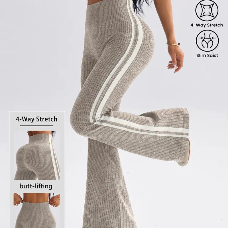 Women's Seamless Knitted Flared Yoga Bottoms Pants, High Waist Activewear Butt Lifting, Sporty Casual Fashion, Athleisure Style Bottoms, All Seasons Wear, Slim-Fitting, Knitted Sports Pants, High Waist Sportswear