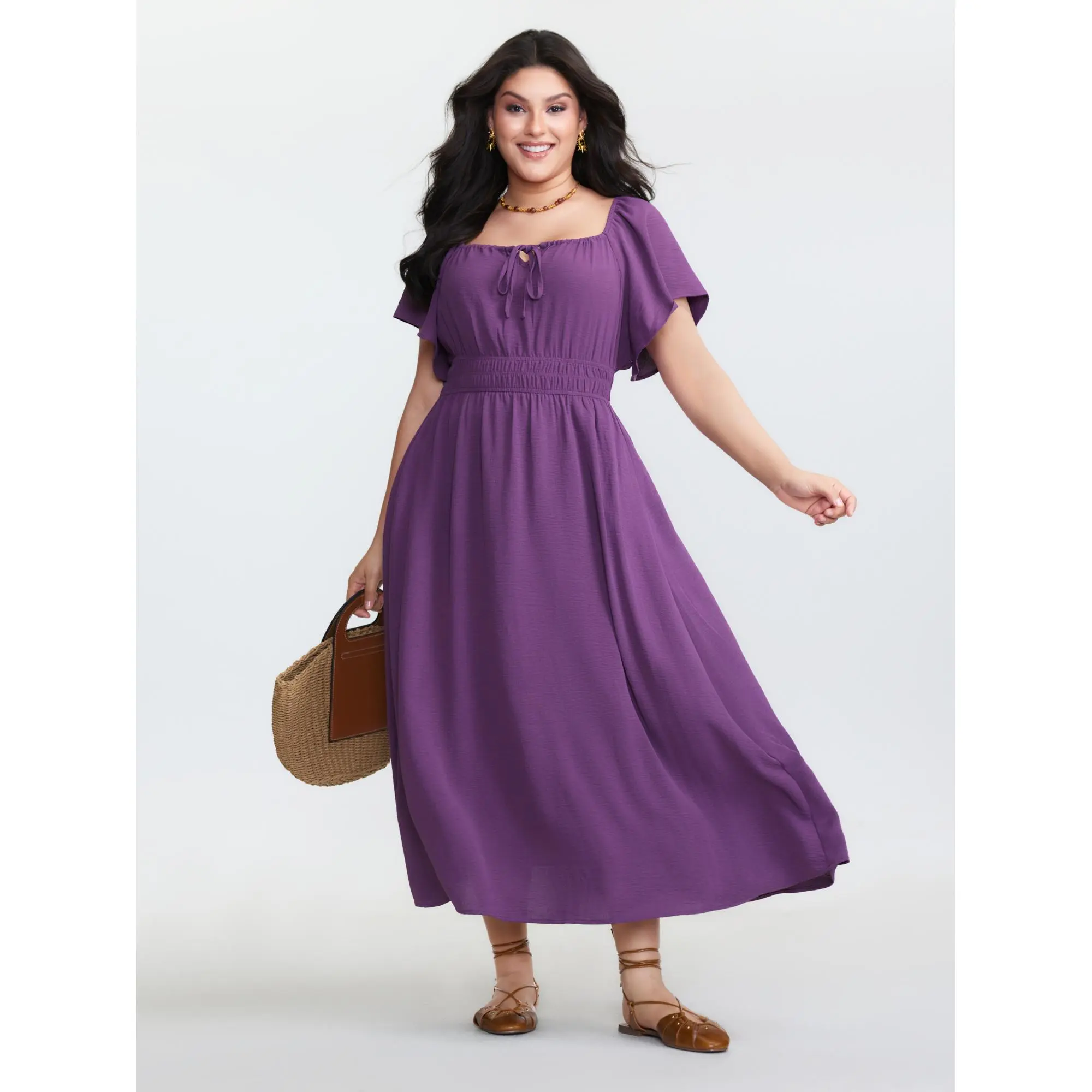 BLOOMCHIC Lady's Plus Size Maxi Dress [M-6X] - Square Neckline, Short Sleeve, Shirred Waist, Pocket, Drawstring, 2026 Summer Basic Casual Wear, Plus Size Fashion,Summerfinds