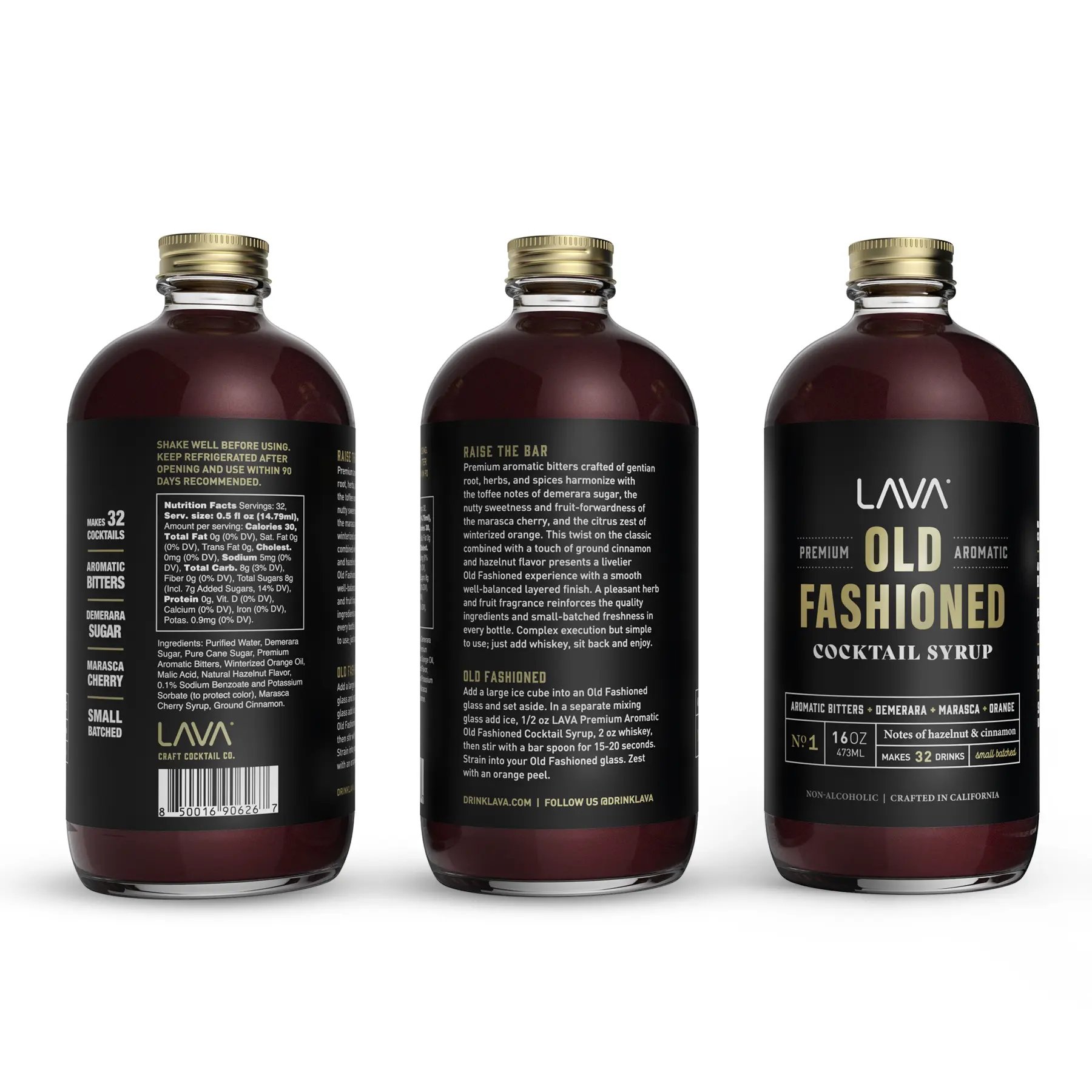 (3-Pack) LAVA Premium Aromatic Old Fashioned Mix, Makes 32 Cocktails, Aromatic Bitters, Demerara, Marasca Cherry, Orange Zest, Hazelnut and Cinnamon. 16oz