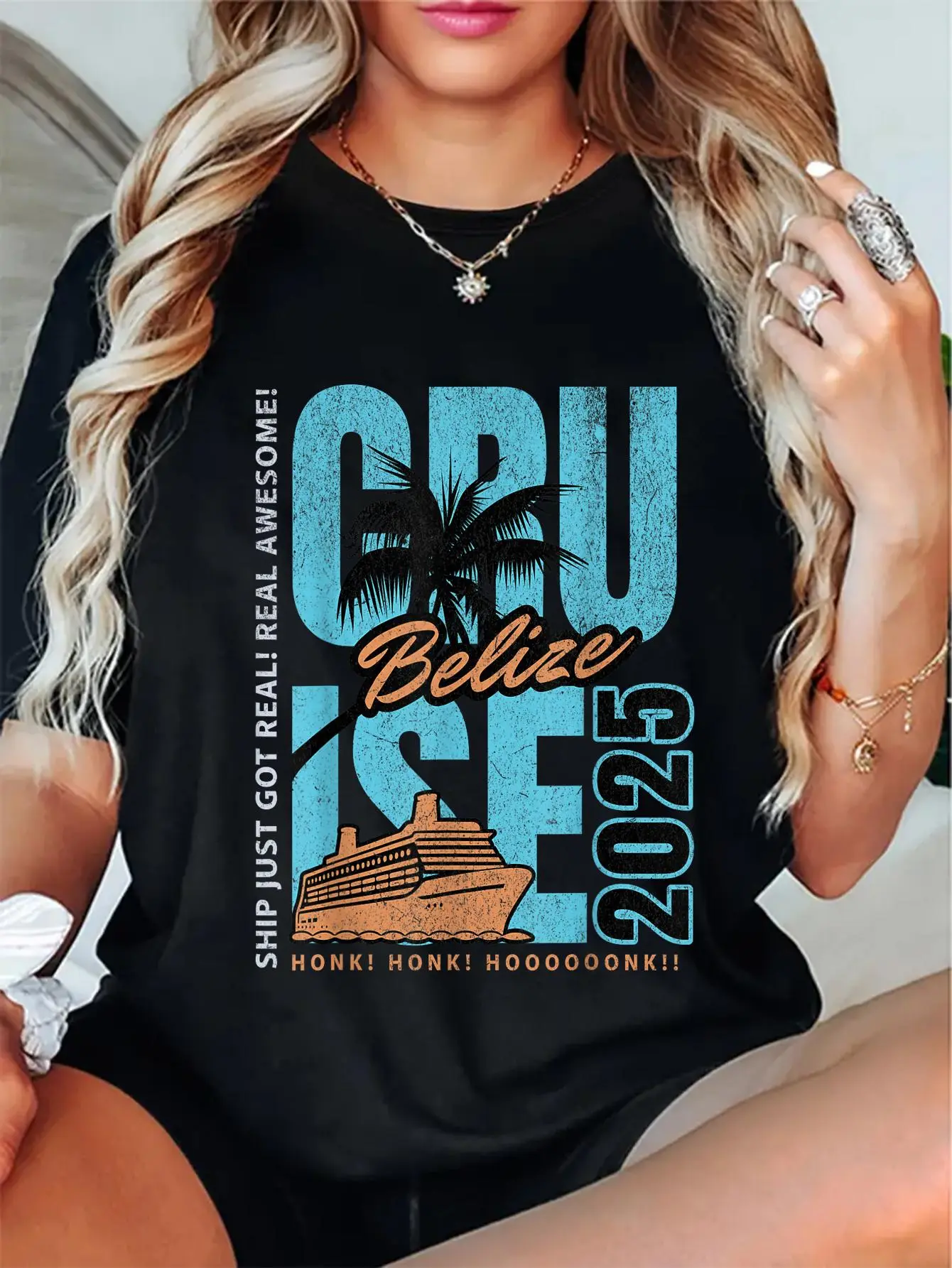 Women's Round Neck Short Sleeve Casual T-Shirt - Jacket-Inspired, 2025 Belize Cruise Digital High-Res Graphic, Soft Cotton, Funny Palm Tree Souvenir, Loose-Fitting, Breathable, Cute Vibe, All Seasons Top