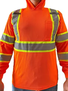 High Visibility Orange Long Sleeve Safety Shirt with hoodie / ANSI Rate Class 3 Polyester