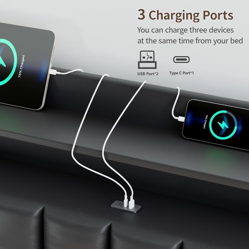 TryLazy Upholstered Flatform Bed Frame with 4 Storage Drawers No MATTRESS Queen Size Wood Slats Holds 900lbs No Noise No Box Spring Needed Full King Twin White Rivet Design USB Socket