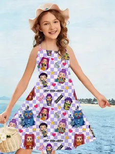 Idol Girl Group K-Pop Strap Dress, Plaid Q Version 3D Printed Dress, Graphic Print Dress, Summer Fashion Versatile, Comfortable Soft, Daily Wear