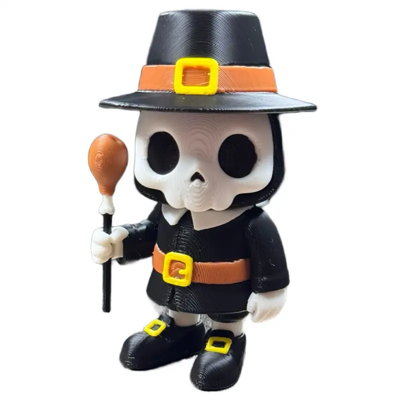 Pil-Grim Pilgrim Articulated Figurine 3D Printed with Turkey Leg Stick for Thanksgiving Decor 3.5 Inches Tall Unique Festive Ornament