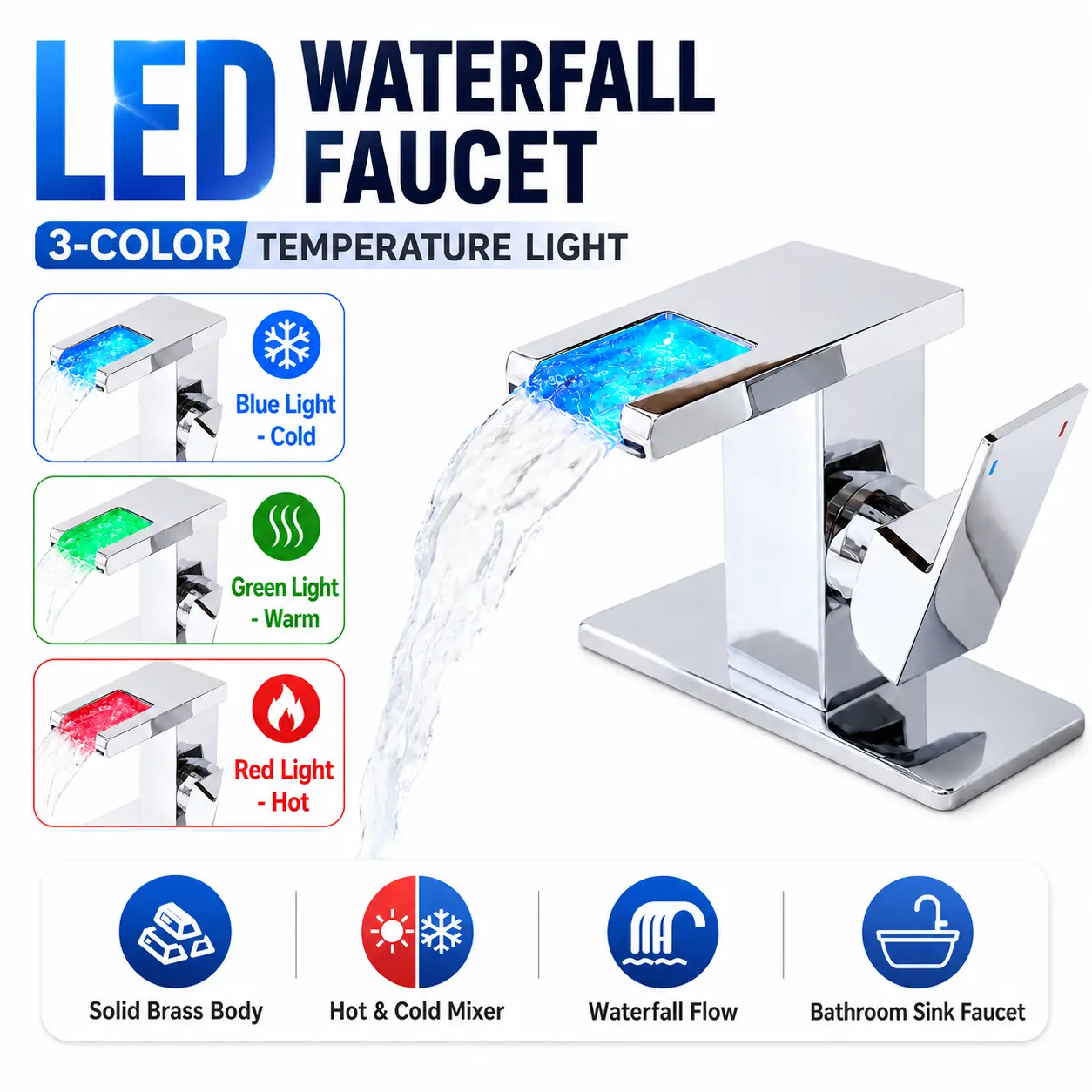 LED Lights Temp Sensing Rust-Resistant Stainless Steel Black Waterfall Bathroom Faucet - Single-Hole Single-Handle Safe Vanity Faucet with 3-Color Light, Durable Ceramic Cartridge, Supply Lines for RV Users