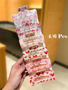 6/4pcs Women Heart Print Square Hair Clips, Hair Claws Set, Cute & Sweet Hair Accessories, Suitable For Valentine's Day, Everyday Casual And Outing, Approx. Length 3.35inch/8.5cm, Valentine's Day Gift Women Hair Claw Clip, Hair Clip Set