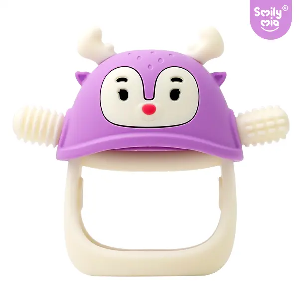 Smily Mia Reindeer Baby Teether for 6-12 Months, Easy-Grip Silicone Chew Toy with Stem Handle, 100% Food Grade BPA-Free Teething Toy for Babies, 1PCS