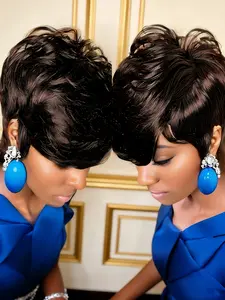 Short Bob Wavy Wig With Bangs For Women Human Hair Curly Pixie Cut Wig Full Machine Made