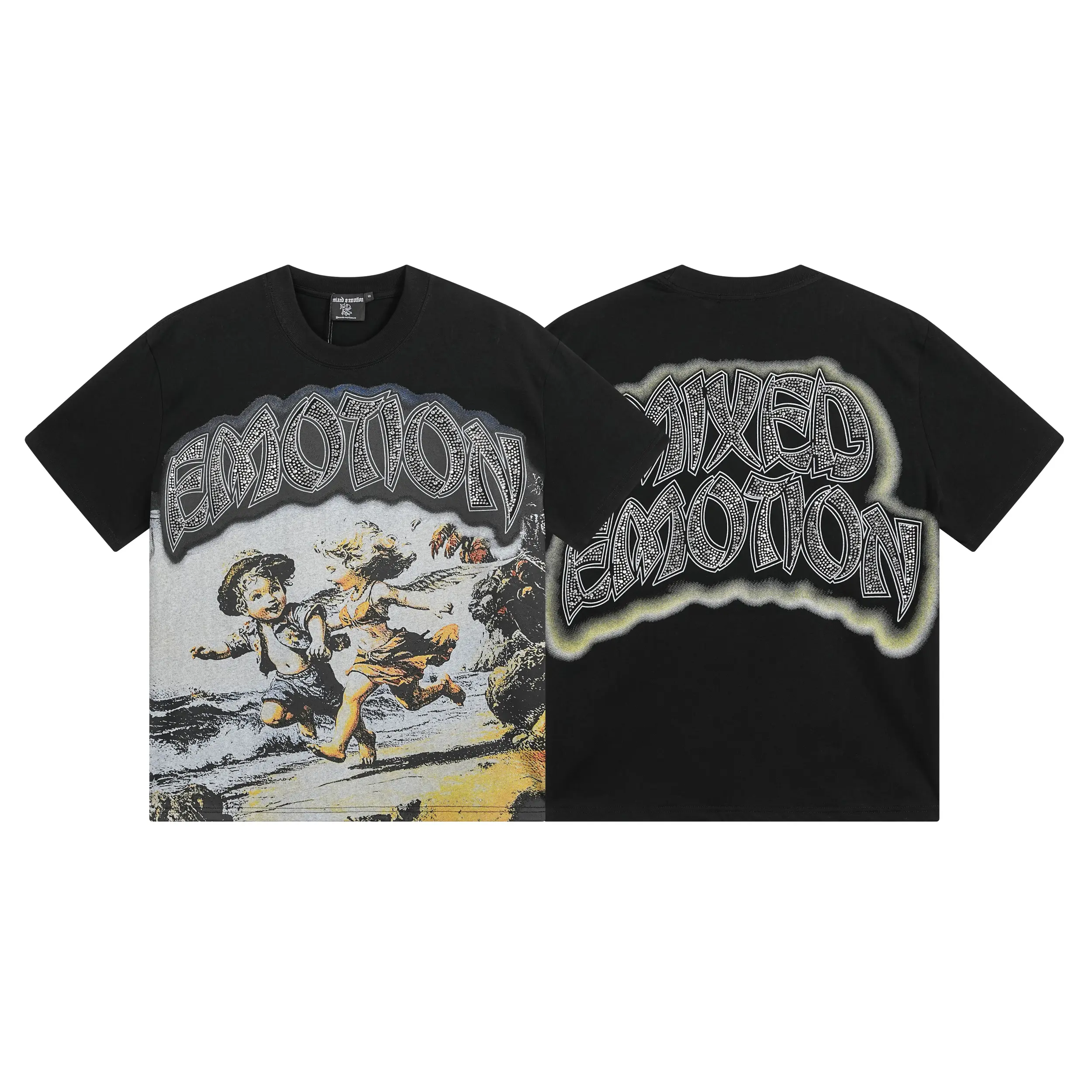MIXED EMOTION Professional Certified Y2K Rhinestone Cherub Graphic Tee Retro Running Angel Glow Text Black Mens Standard Fit