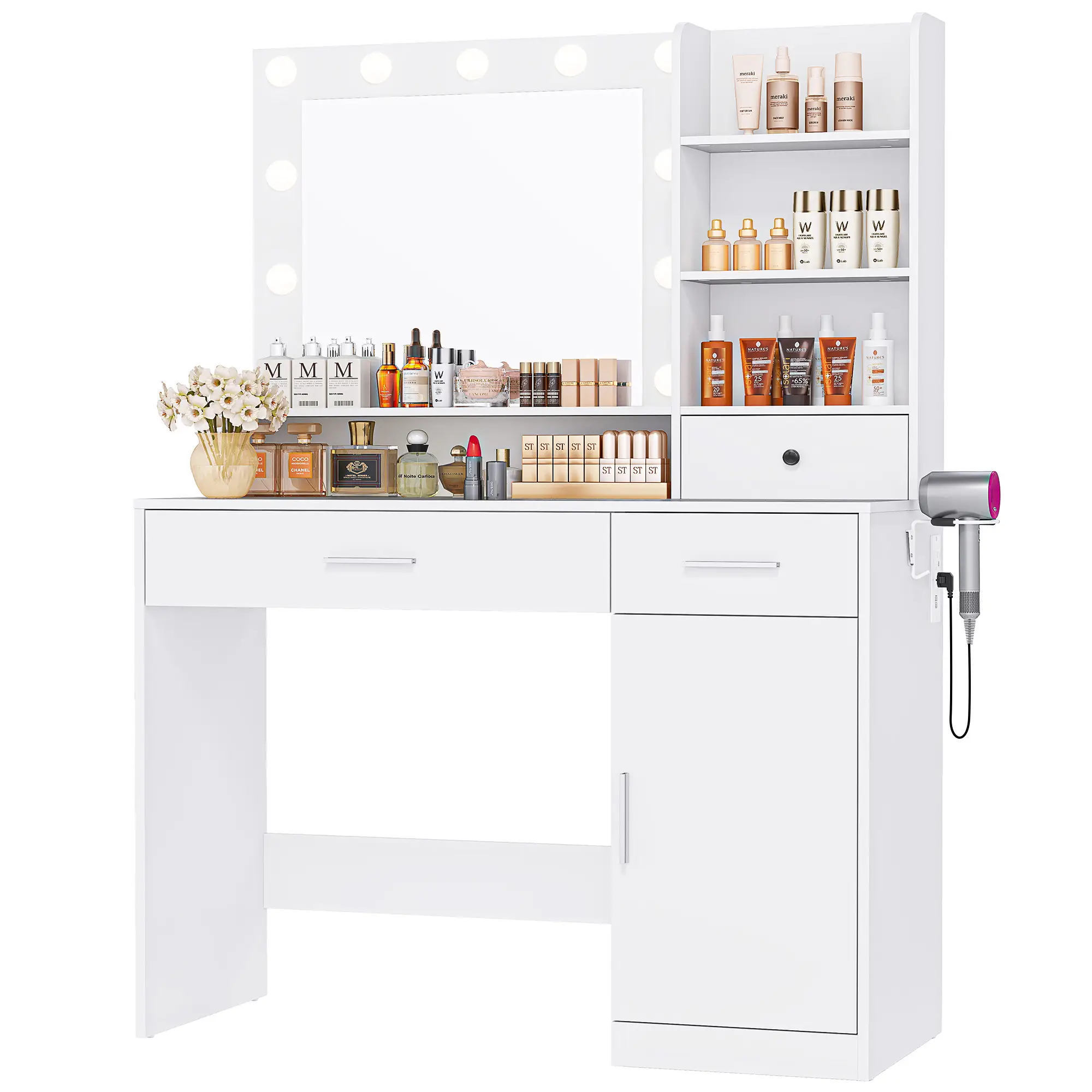 Vanity Desk with Adjustable Lighten Mirror & Power Outlet, Makeup Desk for Bedroom with a Storage Stool and 3 Drawers, 6 Storage Shelves, White Dresse