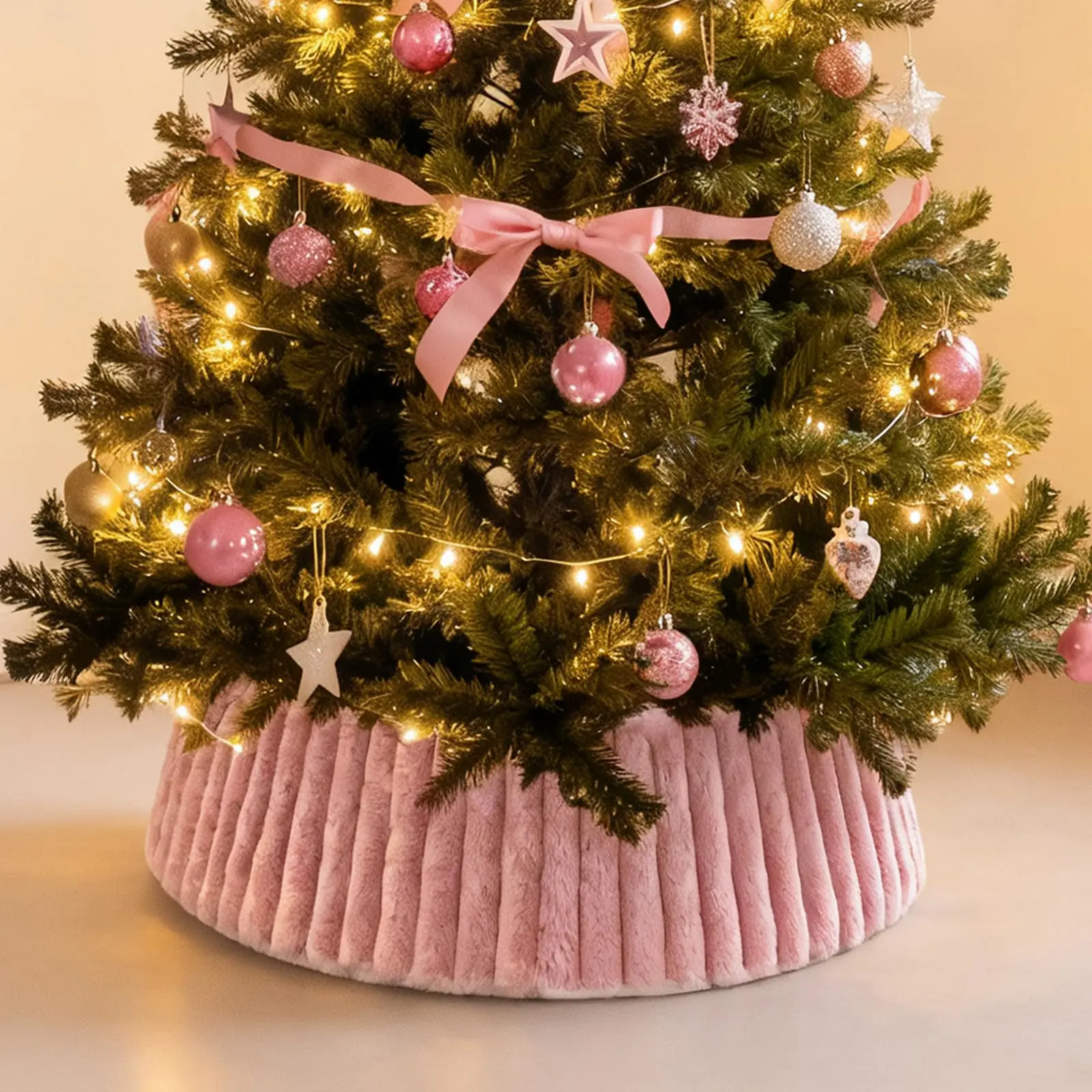 Luxury Plush Fur Pink Christmas Tree Collar - Adjustable Fit, Tool-Free Setup & Storage, Stripe Textured 23"-28" Tree Base Cover Ring Skirt for Holiday Decoration, Backyard Metal Structure Crank Compatible, Holidays