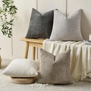 Boho Style Pillow Covers Set of 4, 45x45 Neutral Chenille Decorative Cushion Cases for Sofa, Bedroom, Living Room, Farmhouse, Medieval Modern Home Decor