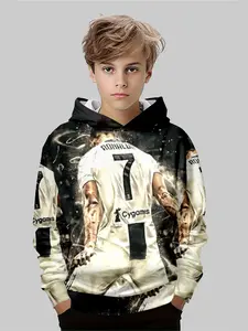 Boys Ronaldo Juventus Hoodie, Vintage Distressed Design, Spring & Fall Fanwear, Casual Fitted Style, All over Print