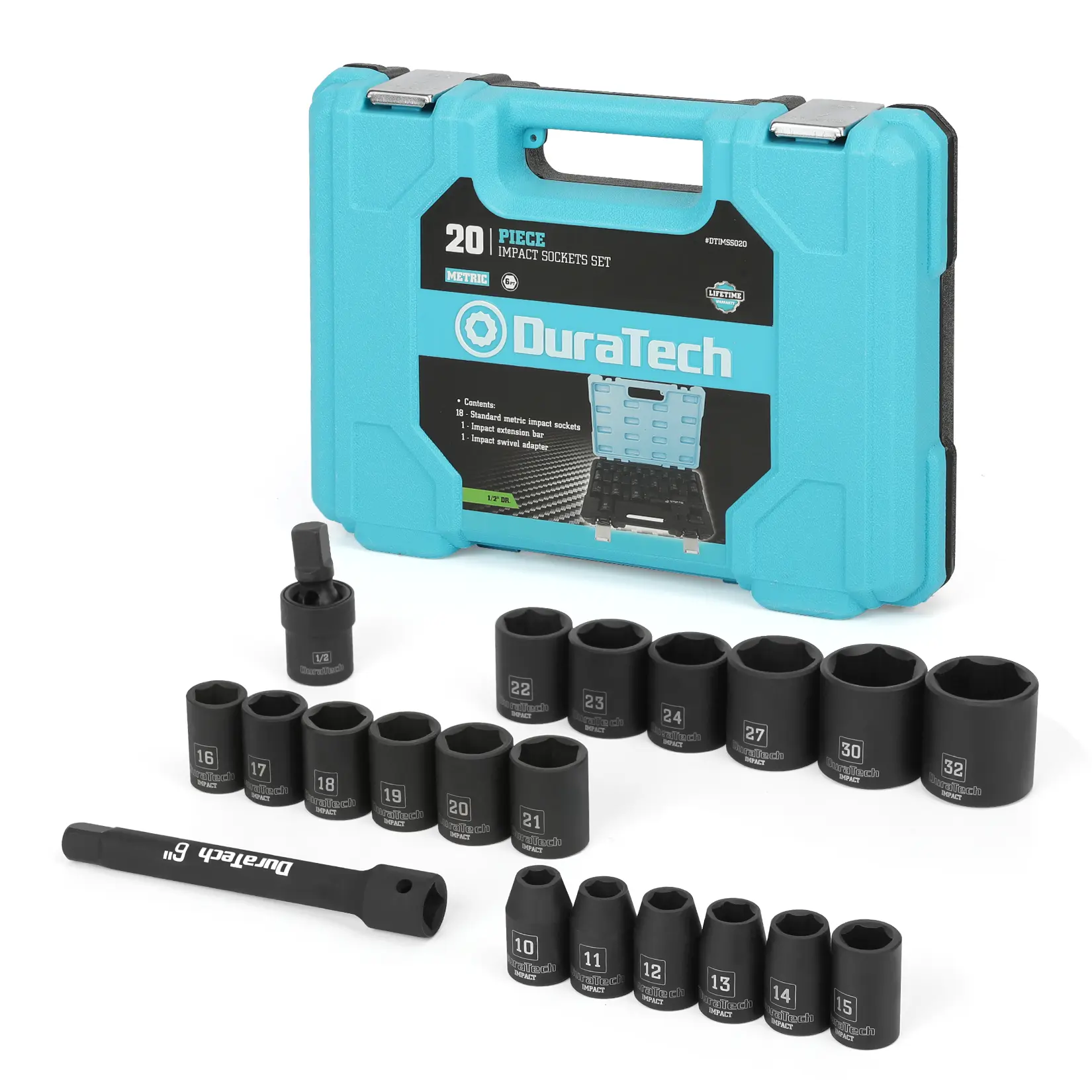 #toolupgrade DURATECH 1/2" Drive Impact Socket Set, 20-piece Shallow Socket Set, Metric: 10-32mm with Impact Extension Bar and Universal Joints