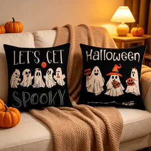 2pcs Halloween Throw Pillow Covers, Black with Cute Ghosts, 'LET'S GET SPOOKY' & 'Halloween' Designs, Sing-sided Pattern, Farmhouse Style Cushion Cases for Living Room Bedroom Sofa Couch, Fall Harvest Halloween Spooky Home Decor, No Pillow Inserts