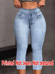 Women's Printed Tight-Fitting Pants, Non-Denim Fabric, Seven-Inch Leggings, Faux Denim Print, All-Season Wear, Comfortable and Stylish, Bottom, Womenswear