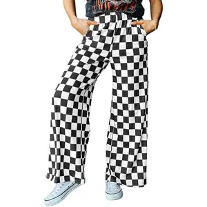 Womens Casual Checkered Pants Elastic Waist Comfy Loose Wide Leg Pants with Pockets