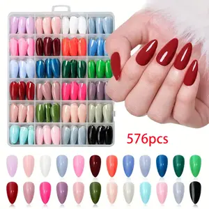 Solid Color Almond Fake Nail, 576pcs/box Full Cover Press on Nail, Removable Nail Art Artificial Full Cover for Women, DIY Manicure Supplies, Fake Nails Kit