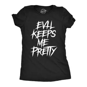Womens Evil Keeps Me Pretty T Shirt Funny Creepy Dark Halloween Joke Tee for Ladies Funny Womens T Shirts Cute Vintage Fashion Casual Ladies T-Shirt Gift Halloween Tops for Women Funny Sarcastic Top Women's Black -
