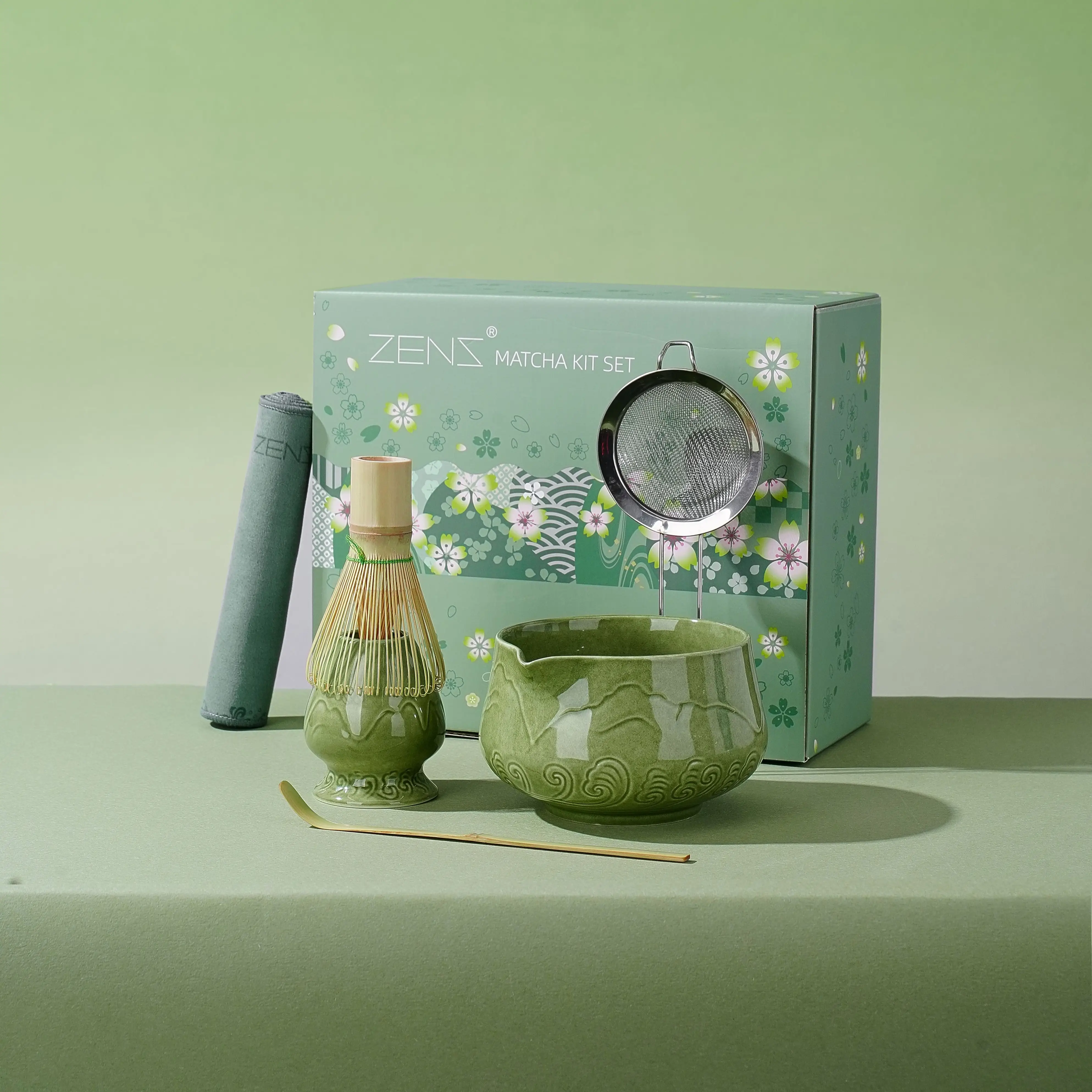 ZENS Ocean Breeze Matcha Set of 5 – Coastal-Inspired Matcha Kit with Textured Ceramic Bowl, Bamboo Whisk & Tools – Stylish Starter Gift for Tea Lovers