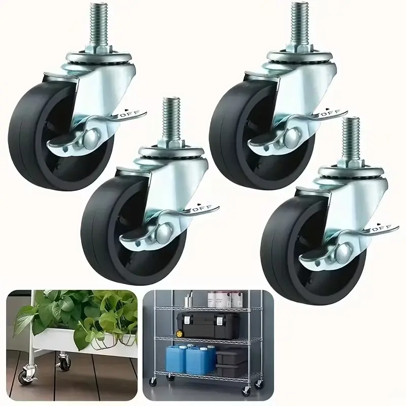 8pcs 1.5'' Rubber Swivel Caster Wheels with Brake, 360 Degree Rotary Bar Wheels, Universal Casters, Suitable for Workbenches, Furniture, Cabinets, Wooden Boxes